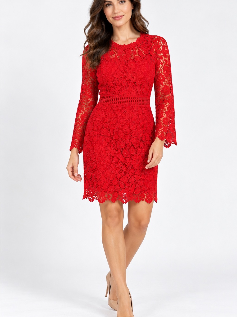 NWT EllyBazar Red Floral Lace Long Sleeve Cocktail Dress Size L